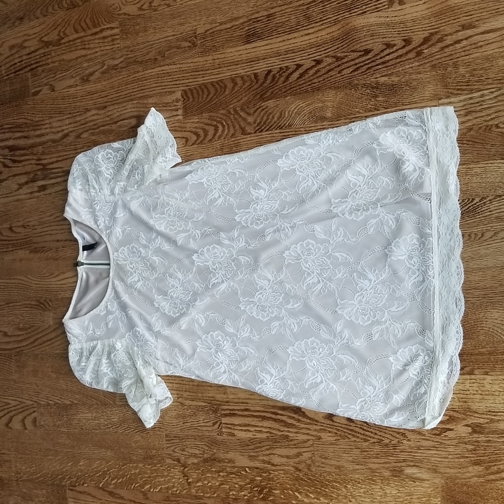 (10) Divided by H&M Cream Lace Mini Dress Tunic Viscose Sheer Puff Sleeves